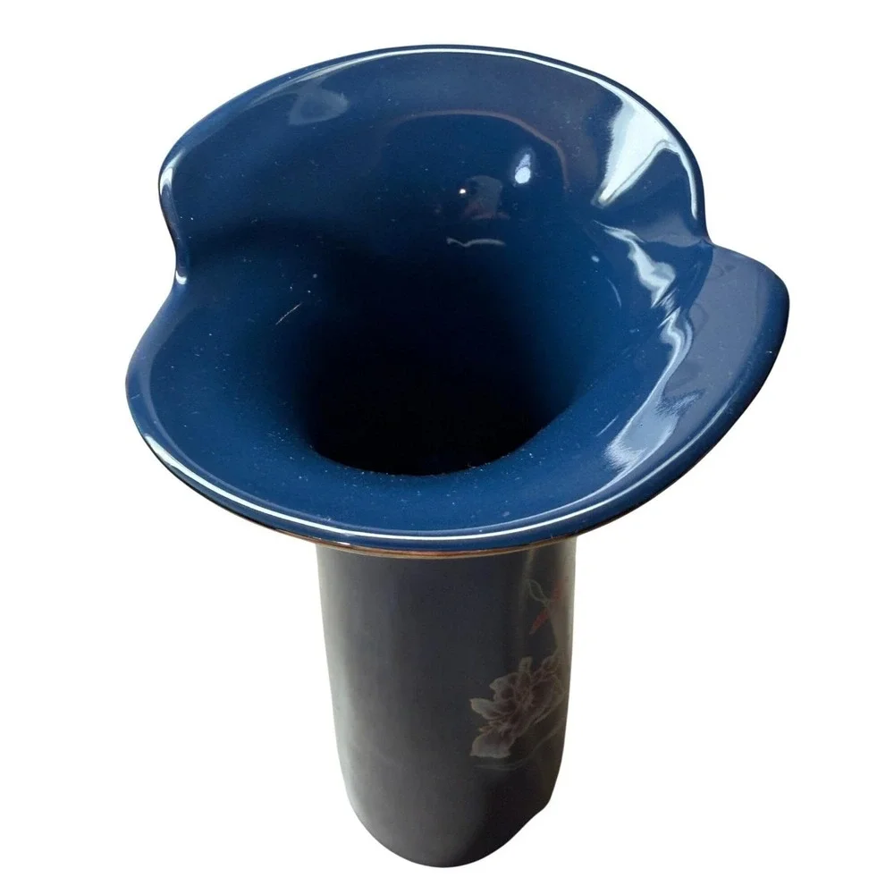Vintage Japanese Cobalt Blue‎ Floral Iris Porcelain Vase Gold Gilt Mid Century